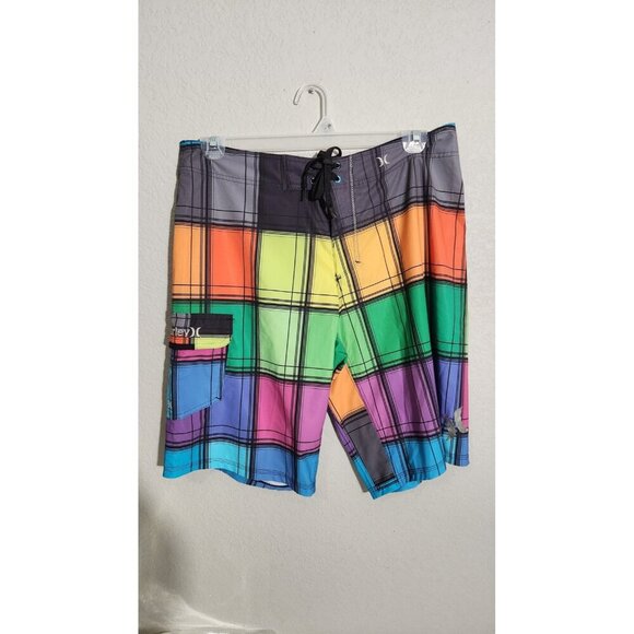 Hurley Phantom Board Shorts Mens 34 Plaid Multicolor Swim Trunks Surf Beachwear - Picture 1 of 8